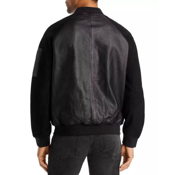 KARL LAGERFELD PARIS Size Small Neil Snap Front Black Leather Bomber Jacket - Picture 2 of 8